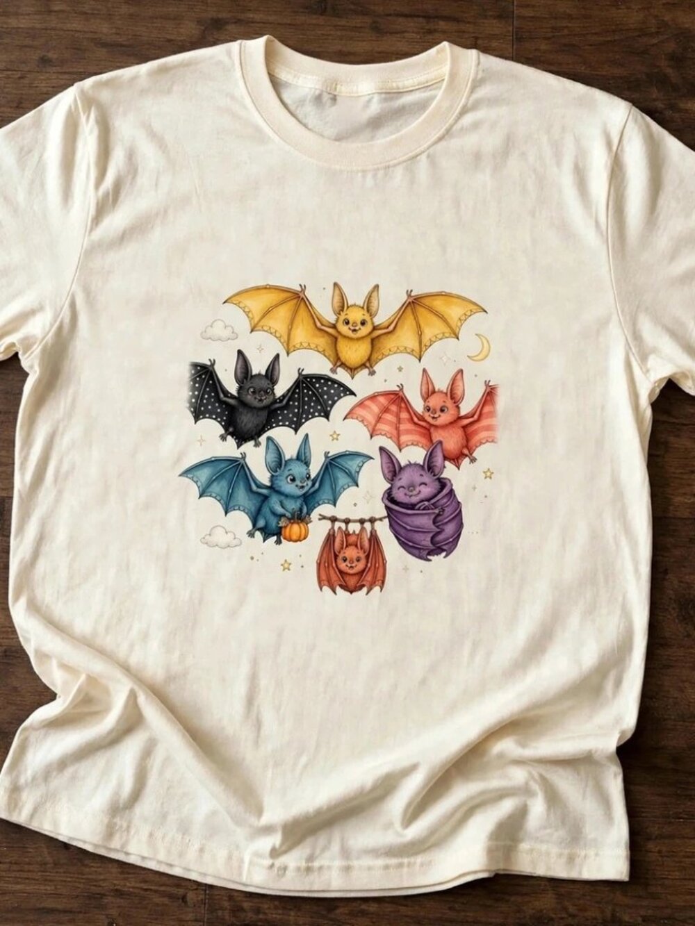 Cute Colorful Bats T-Shirt Halloween Cream Tee